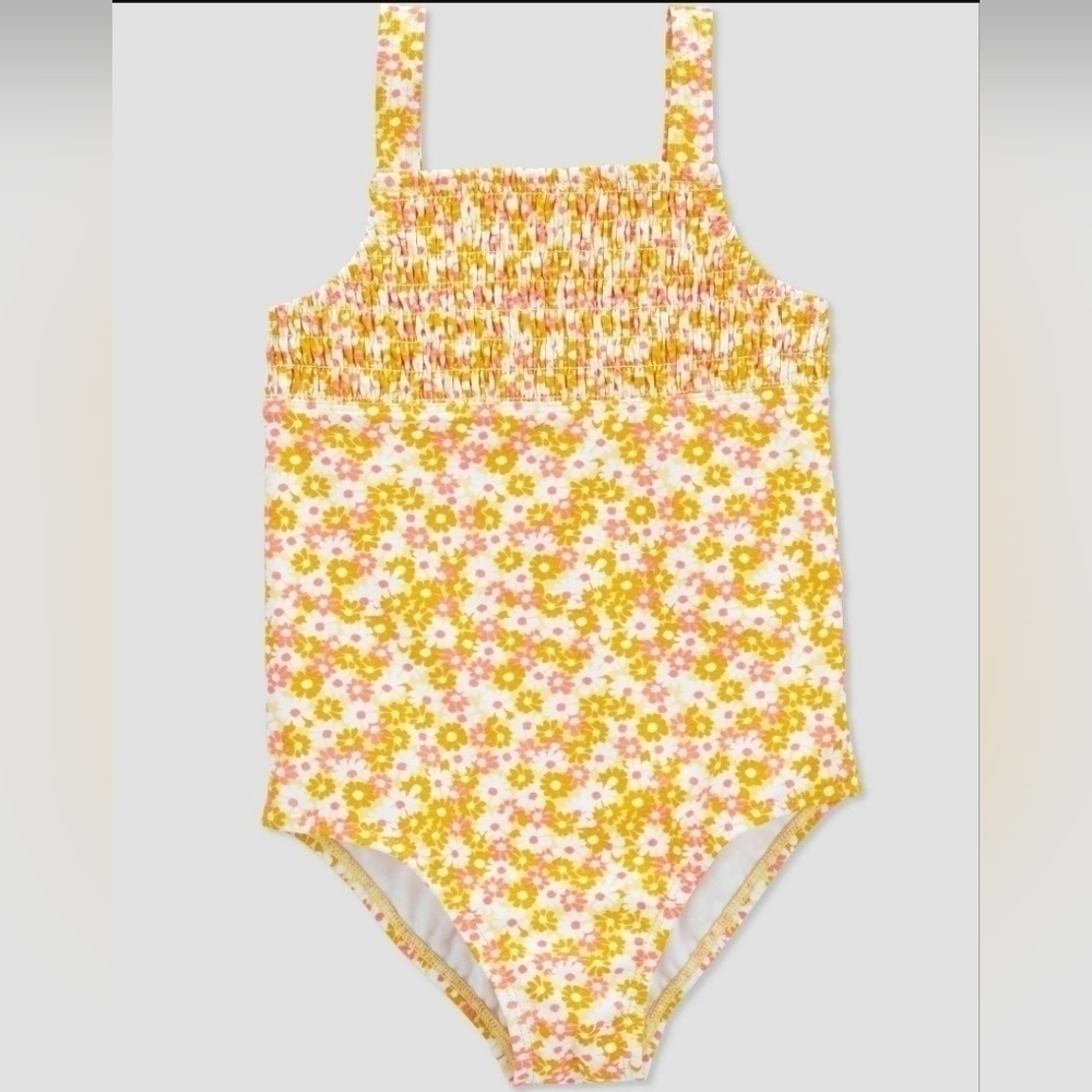 Size 5T | Carters Swimsuit One piece. Yellow, orange, and gold flowers